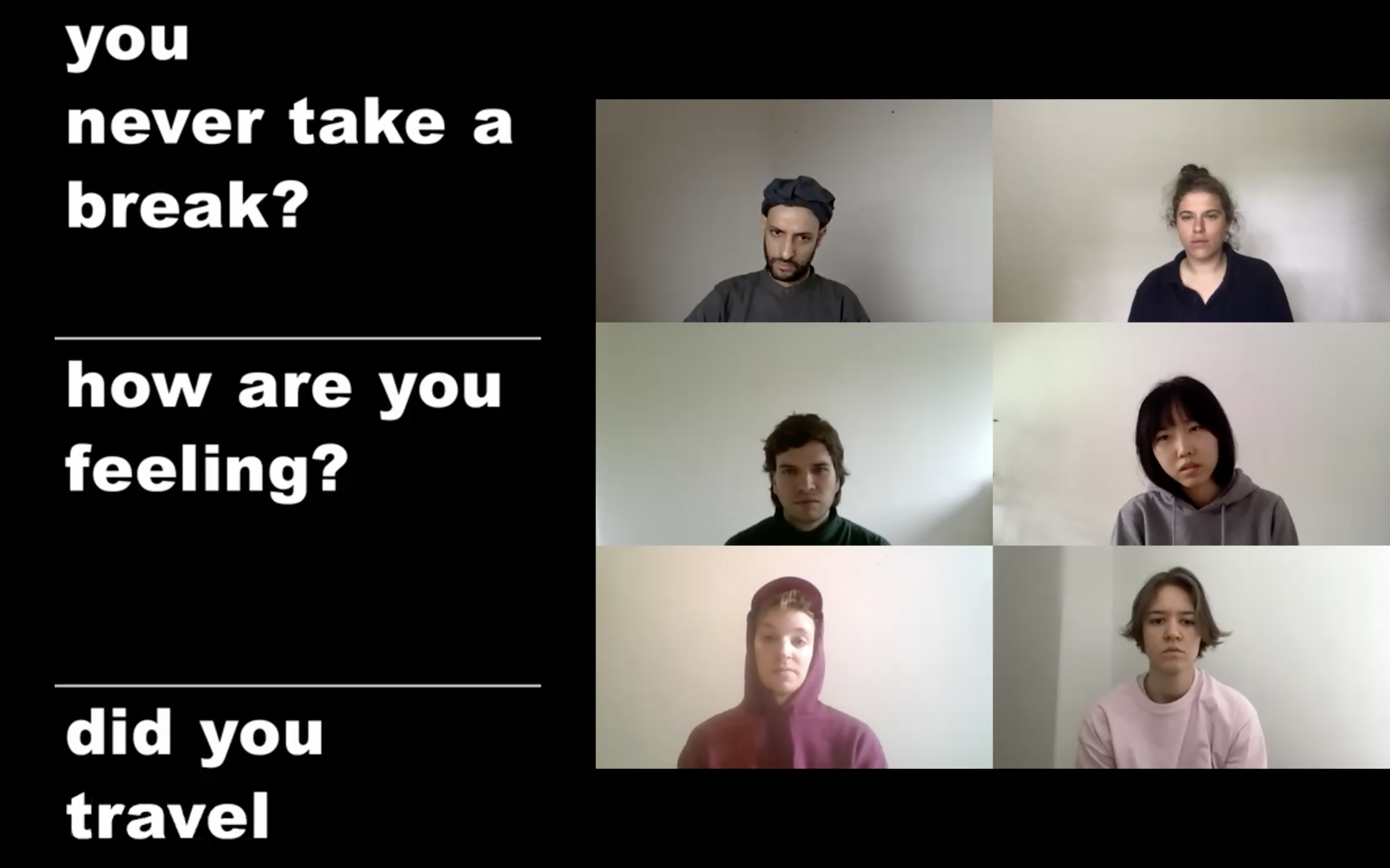 Mitglieder einer Performancegruppe im Chat