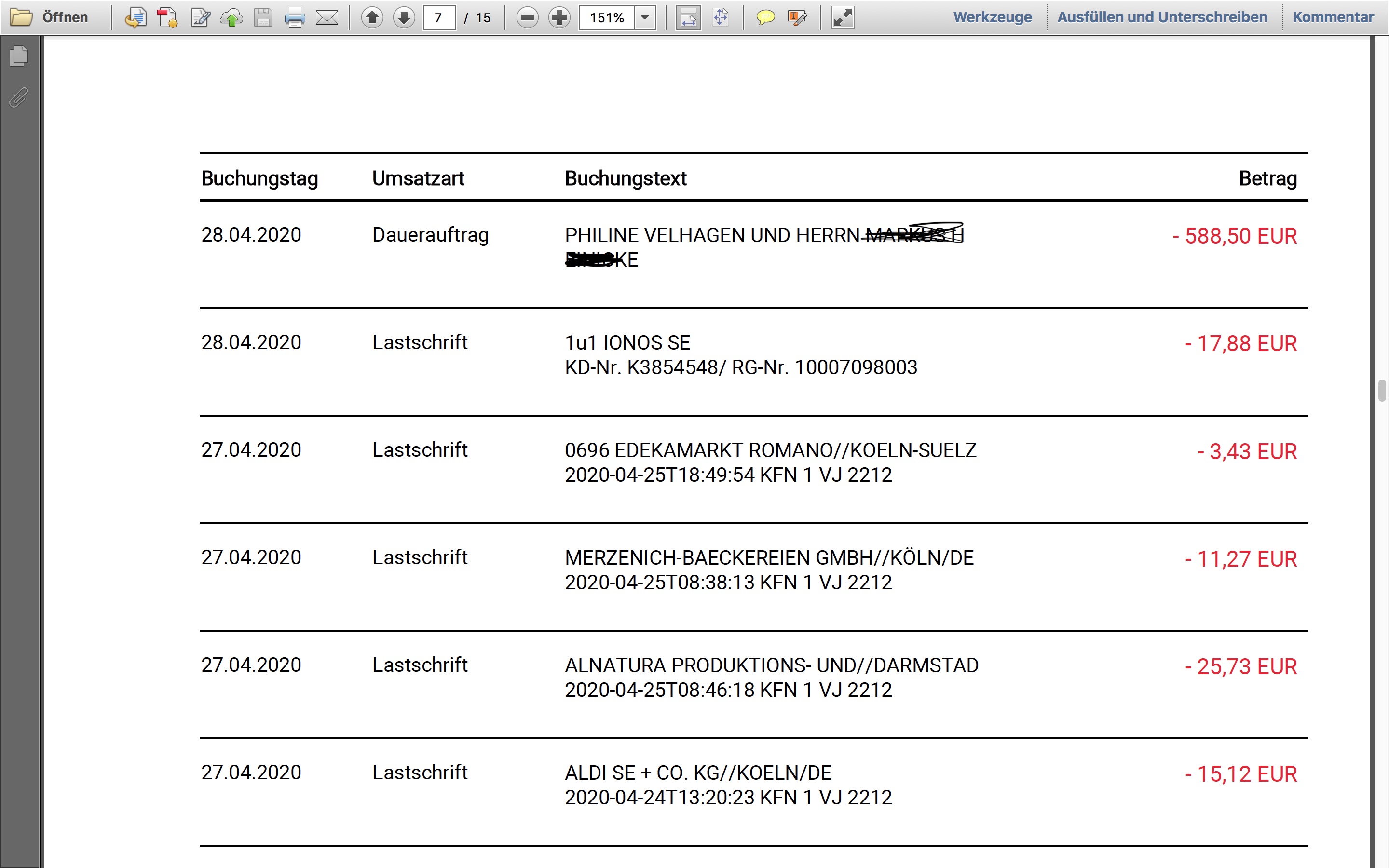Kontoauszug aus dem Einkommensexperiment