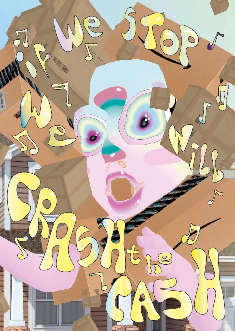 Eine quietschbunte Collage mit Comicschrift und dem Aufruf "Crash the Cash"